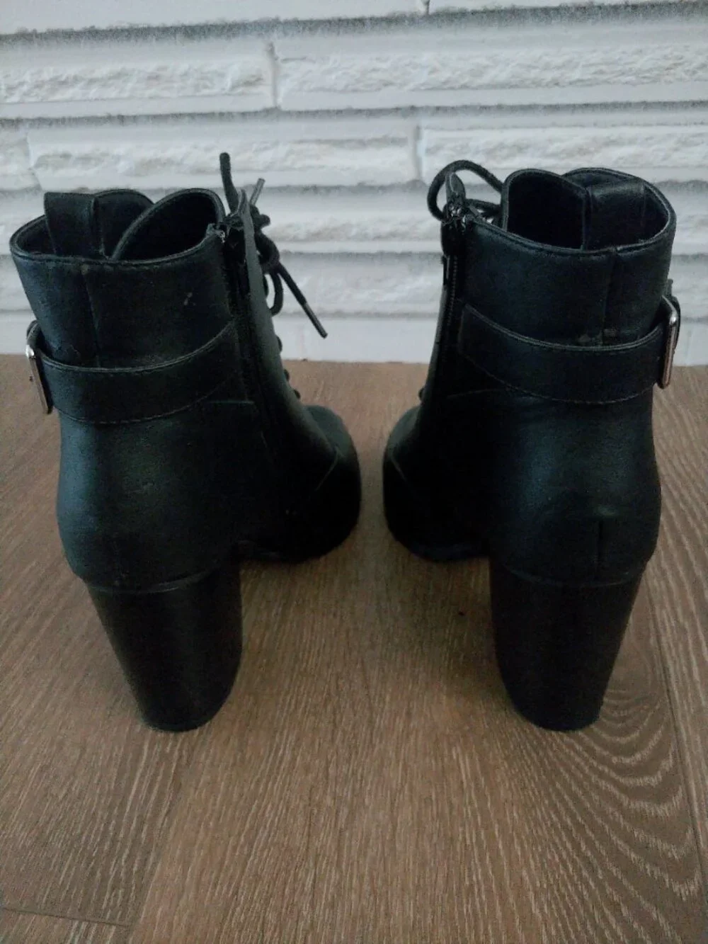 Brash Black Lace-Up Block Heel Ankle Booties with Buckle
